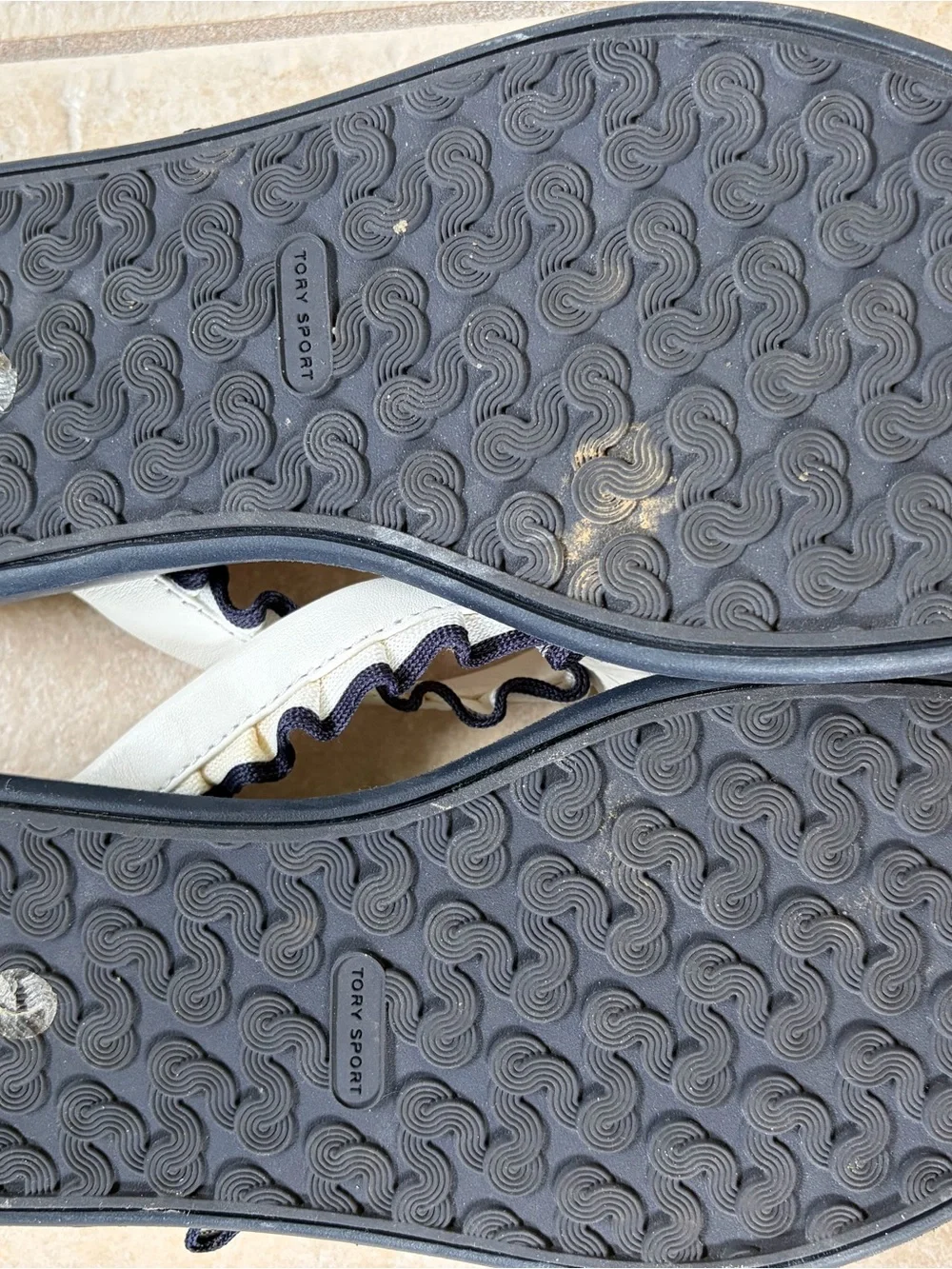 Tory Burch Sport White Thong Sandals with Navy Trim